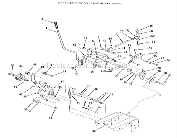 Clutch, Brake & Speed Control Linkage Diagram and Parts List for E1-18OE01 1988 Toro Lawn Tractor