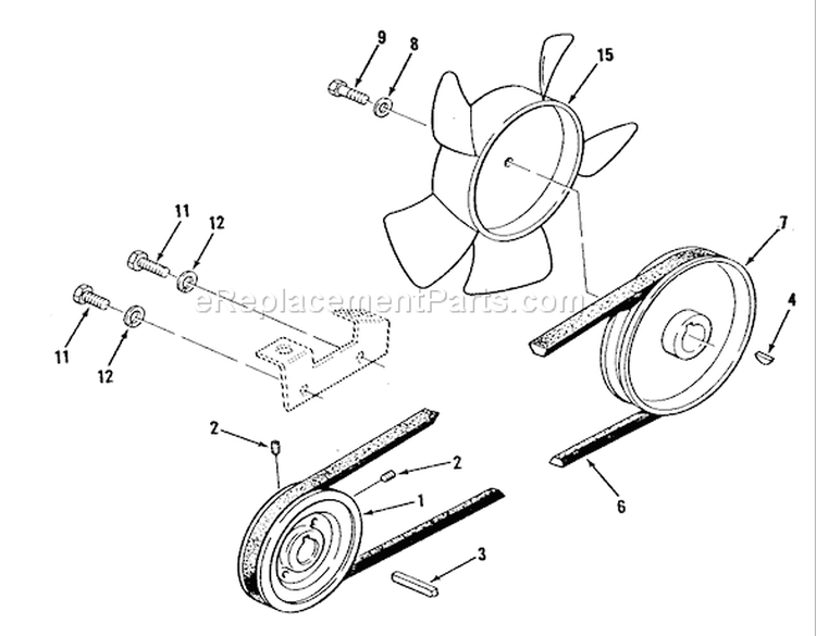 Drive Belt And Pulleys Diagram and Parts List for E1-18OE01 1988 Toro Lawn Tractor