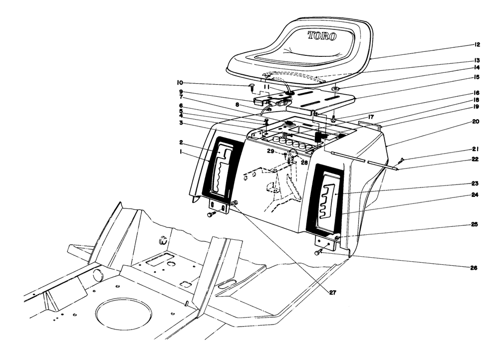 Rear Body & Seat Assembly Diagram and Parts List for 57385 1000001 - 1999999 Toro Lawn Tractor