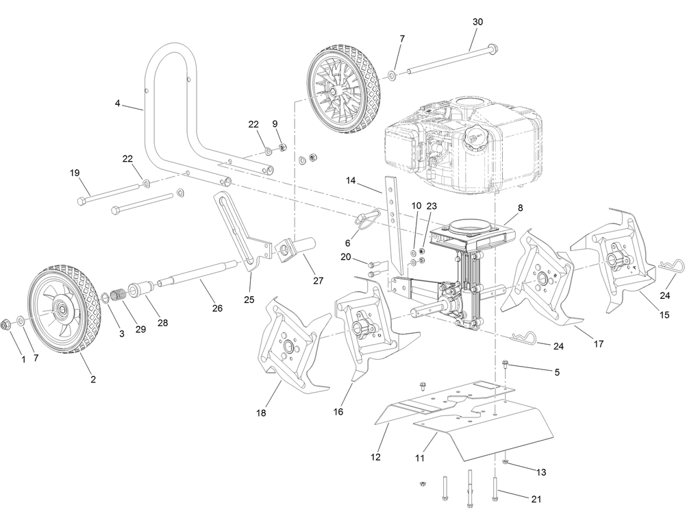 Tines And Wheels Assembly Diagram and Parts List for 58601 322300001 - 999999999 Toro Cultivator