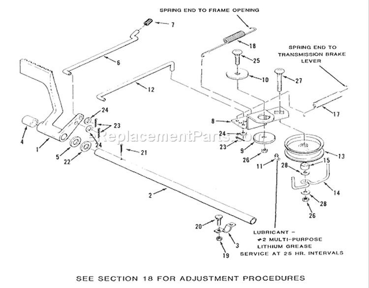 Brake And Clutch Linkage Diagram and Parts List for E2-09K401 1988 Toro Lawn Tractor