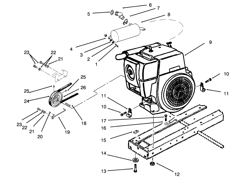 Engine, Muffler, Pulley & Drive Belt Diagram and Parts List for 73401 4900001 - 4999999 Toro Lawn Tractor