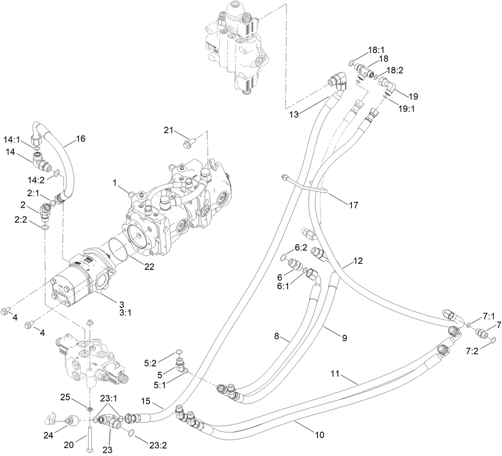 Tandem Pump Hydraulic Assembly Diagram and Parts List for 22370 410400000 - 410499999 Toro Lawn Tractor Accessories