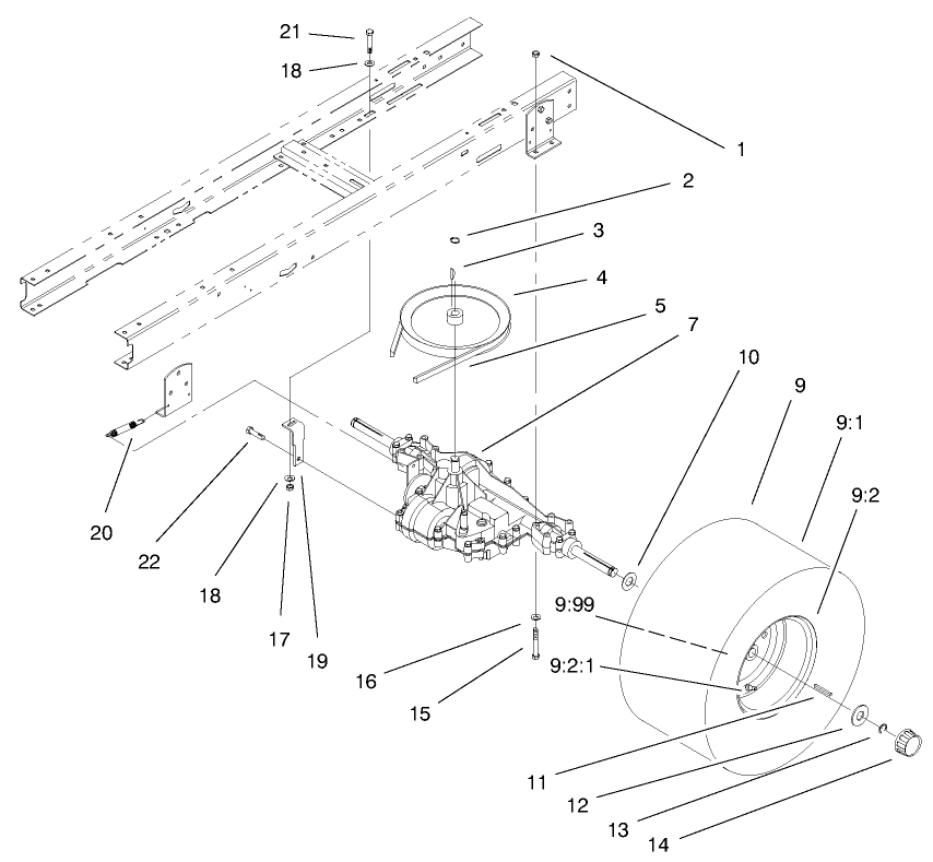 5 Speed Transaxle Assembly Diagram and Parts List for 71209 9900001 - 9999999 Toro Lawn Tractor