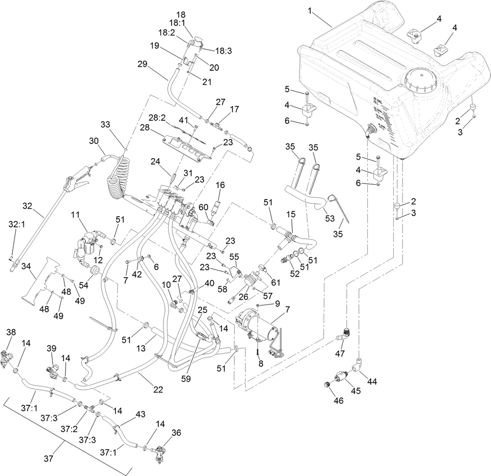 Spray System Assembly Diagram and Parts List for 34230 400000000-408787720 Toro Spreader