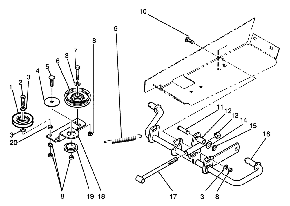 Idler And Pedal Shaft Assembly Diagram and Parts List for 72041 3900001 - 3999999 Toro Lawn Tractor