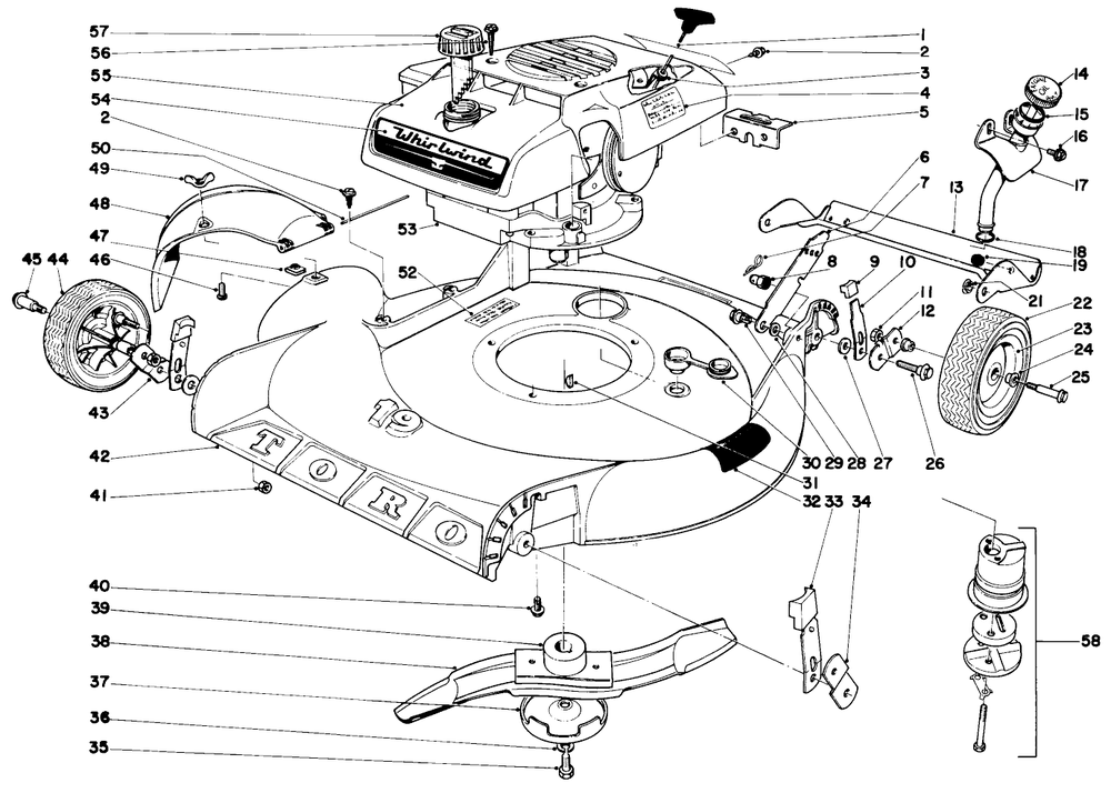 19" Whirldwind H.P.-Fingertip Start Diagram and Parts List for 18215 0000001 - 0999999 Toro Lawn Mower