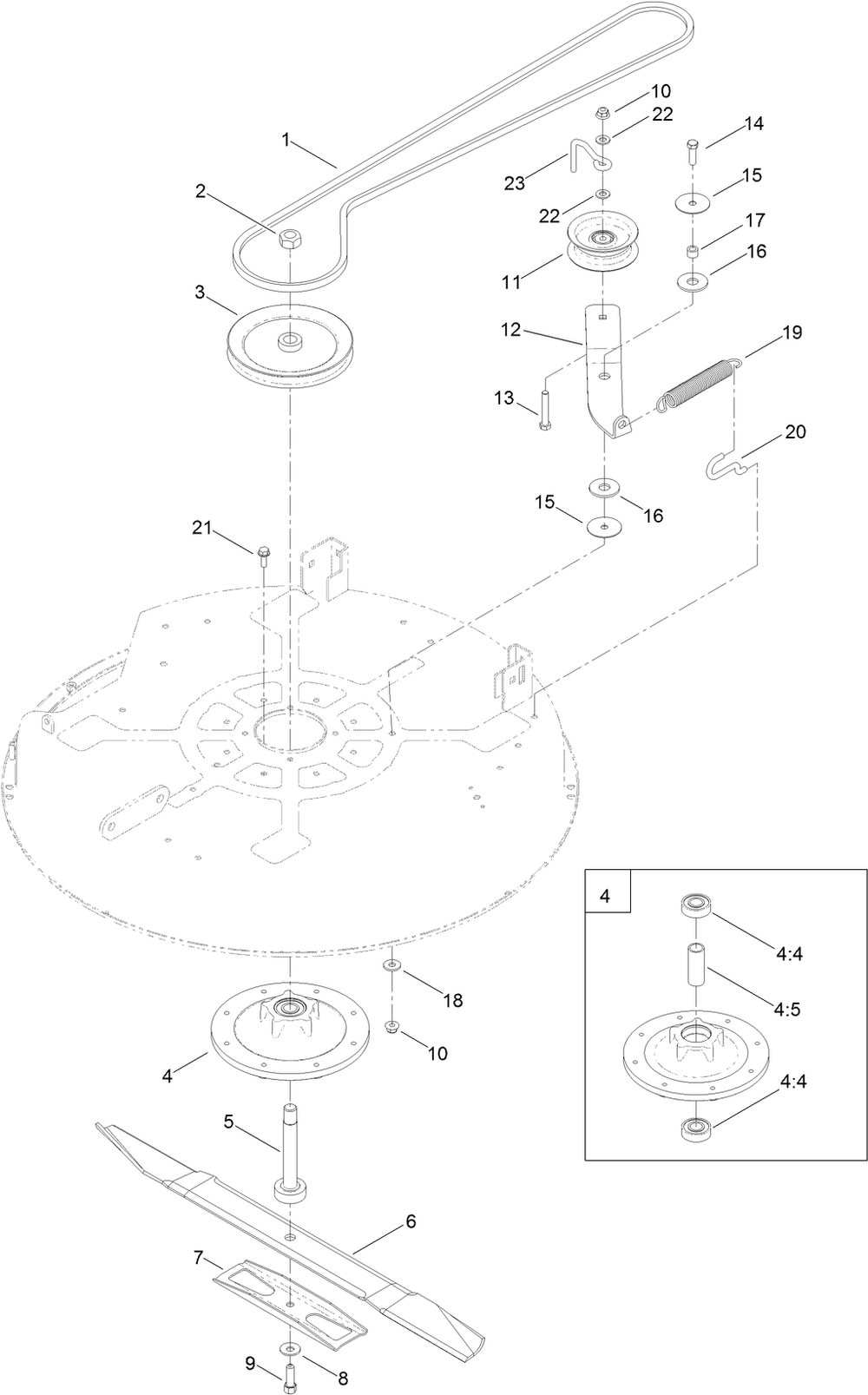 32 Inch Deck, Belt And Blade Assembly Diagram and Parts List for 74781 316000001 - 316999999 Toro Lawn Tractor