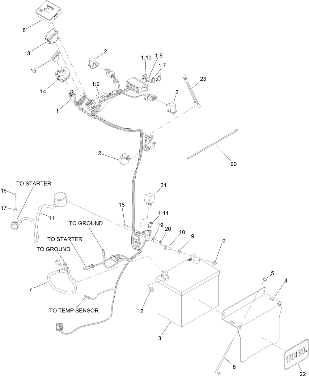 Electrical Assembly Diagram and Parts List for 72513 413000000 - 414348674 Toro Lawn Mower