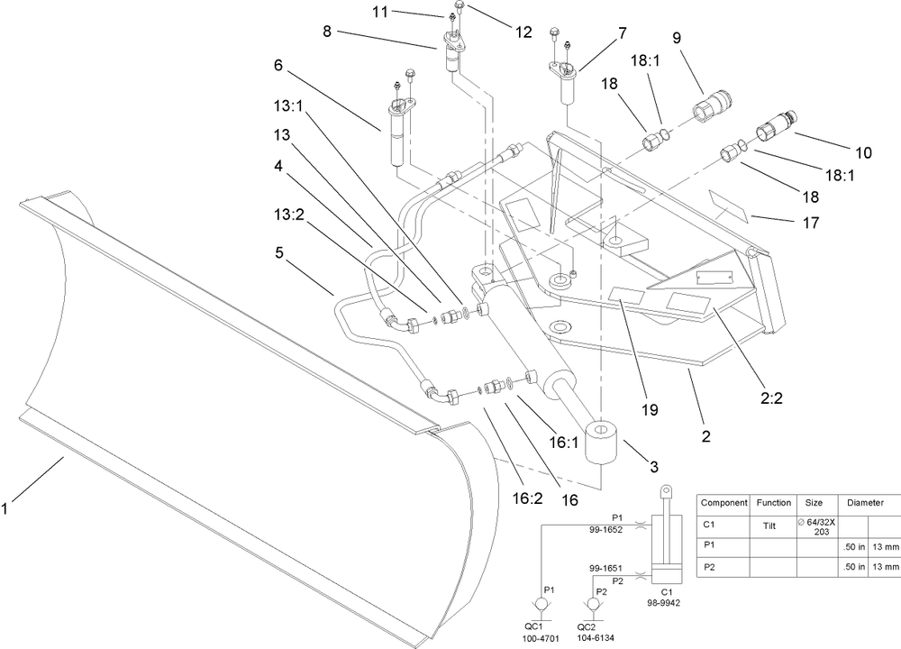 Hydraulic Blade Assembly Diagram and Parts List for 22414 400000000 - 403999999 Toro Lawn Tractor Accessories