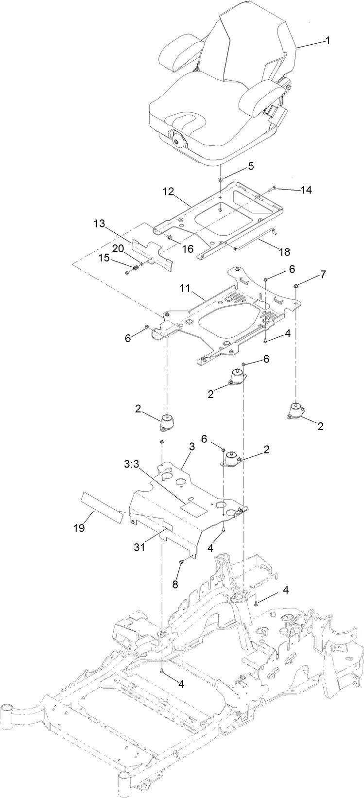 Seat Mounting Assembly Diagram and Parts List for 74958 402090000-403319860 Toro Lawn Mower