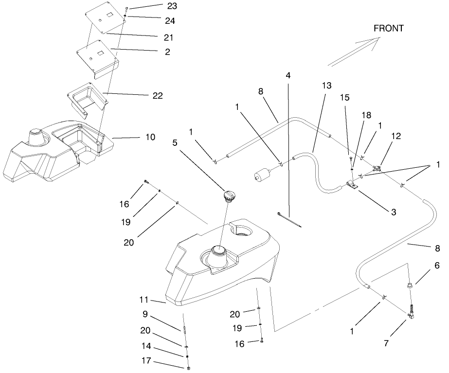 Tank And Fuel Lines Assembly Diagram and Parts List for 74205 990001 - 999999 Toro Lawn Tractor