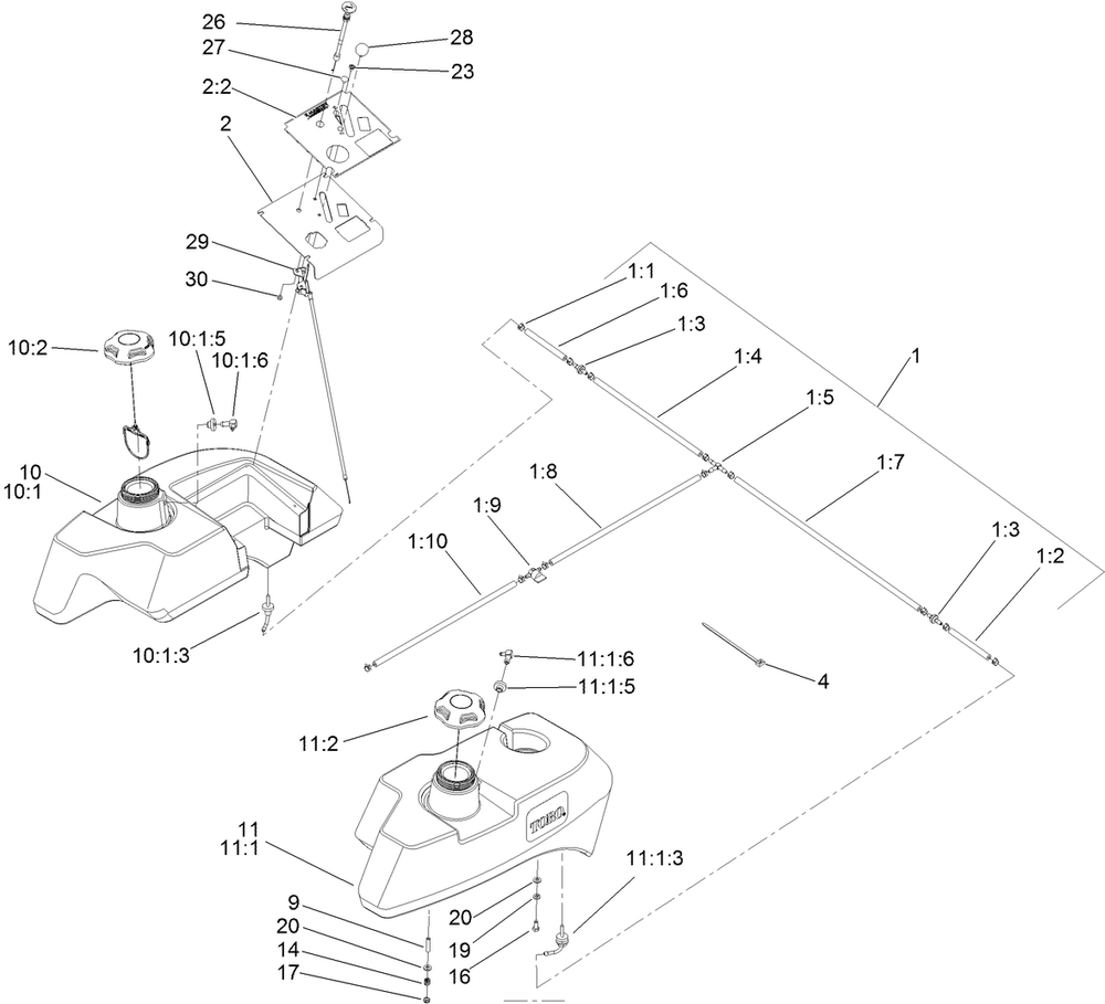 Fuel System Assembly Diagram and Parts List for 74296 (311000001-311999999)(2011) Toro Lawn Mower
