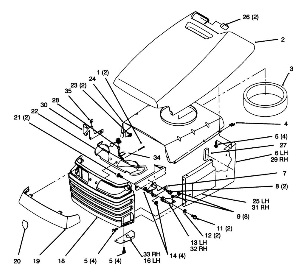 Hood And Grill Diagram and Parts List for 72043 6900001 - 6999999 Toro Lawn Tractor