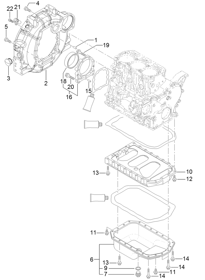 Flywheel Housing And Oil Sump Assembly Diagram and Parts List for 22370 400000000 - 410399999 Toro Lawn Tractor Accessories