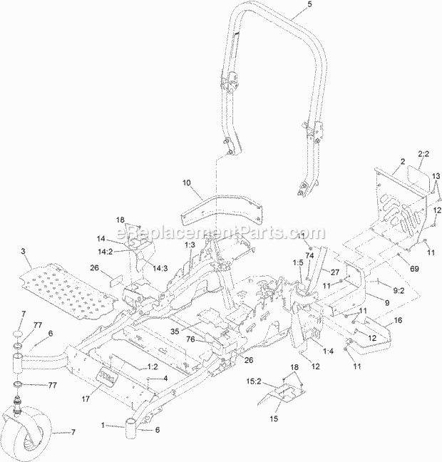 Frame And Caster Wheel Assembly Diagram and Parts List for 74953 315000001-315999999 Toro Lawn Mower