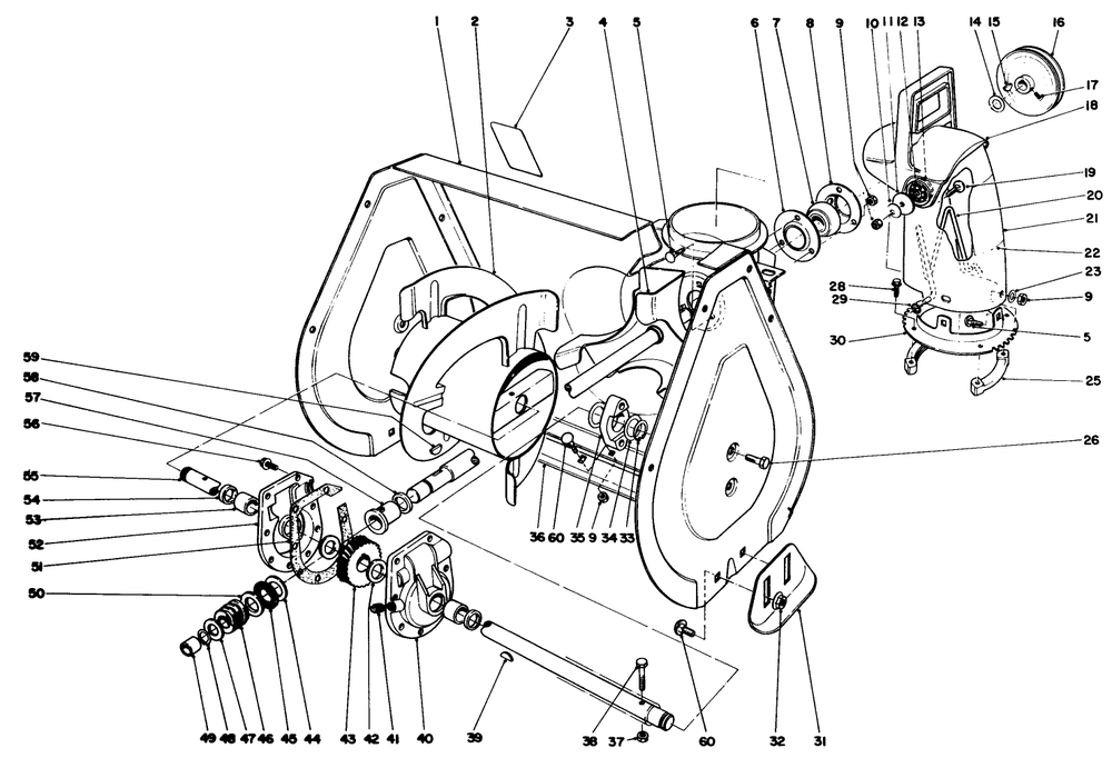 Auger Assembly Diagram and Parts List for 38054 1000001 - 1999999 Toro Snow Blower