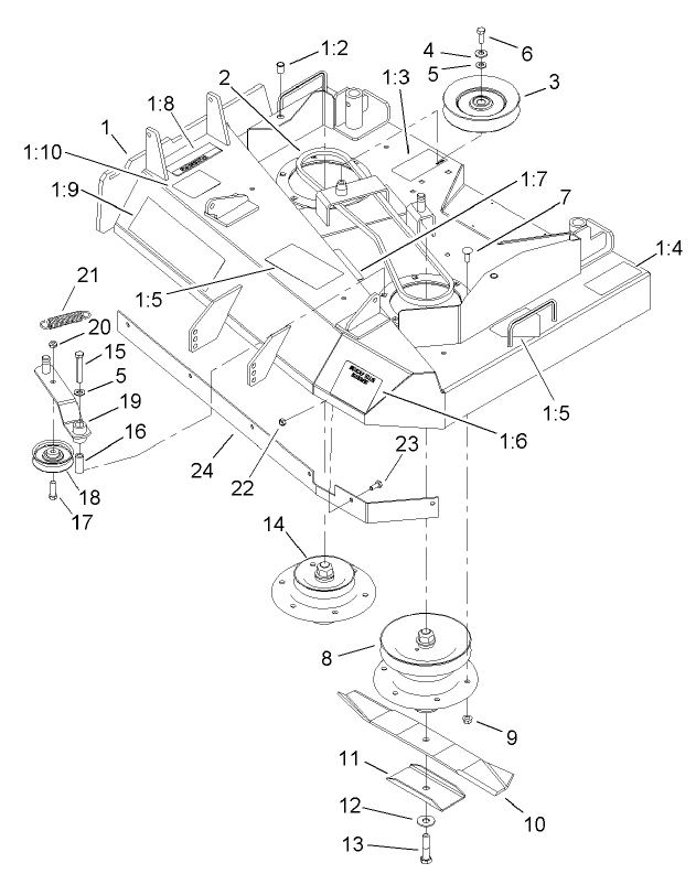 Spindle, Pulley And Belt Assembly Diagram and Parts List for 30261TE (240000001-240999999)(2004) Toro Lawn Mower