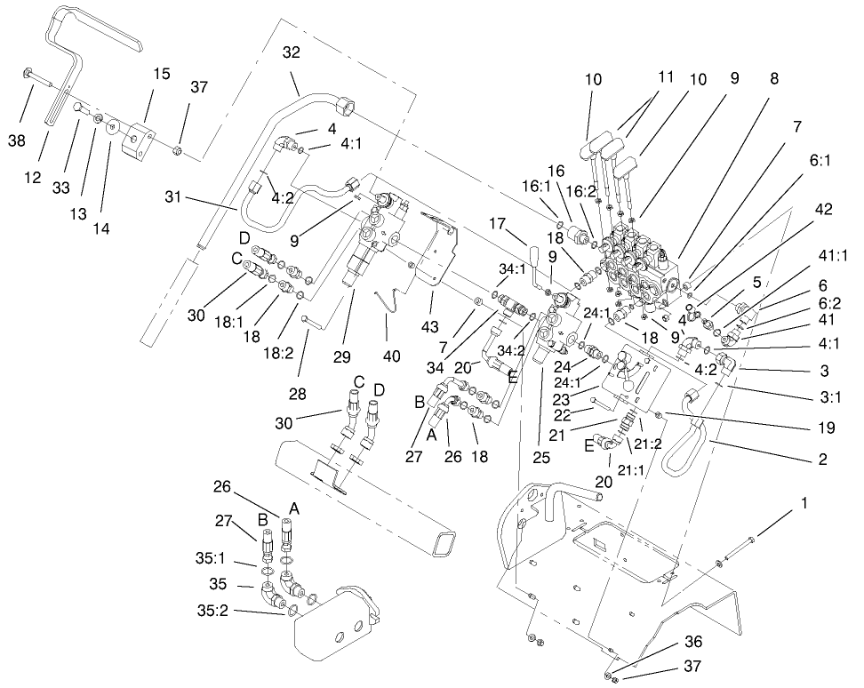 Hydraulic Valves Assembly Diagram and Parts List for 22305TE 990001 - 999999 Toro Lawn Tractor Accessories