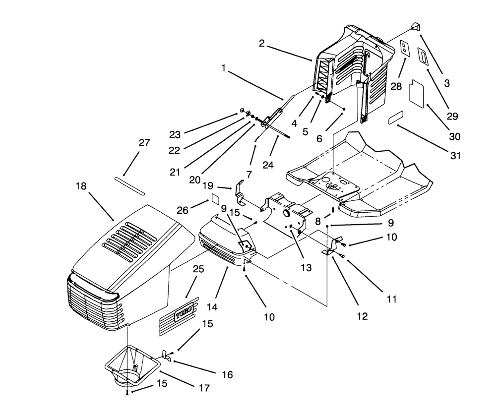 Hood Assembly Diagram and Parts List for 71184 6900001 - 6999999 Toro Lawn Tractor