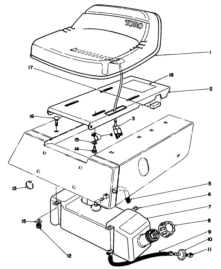 Seat & Gas Tank Assembly Diagram and Parts List for 56128 9000001 - 9999999 Toro Lawn Tractor