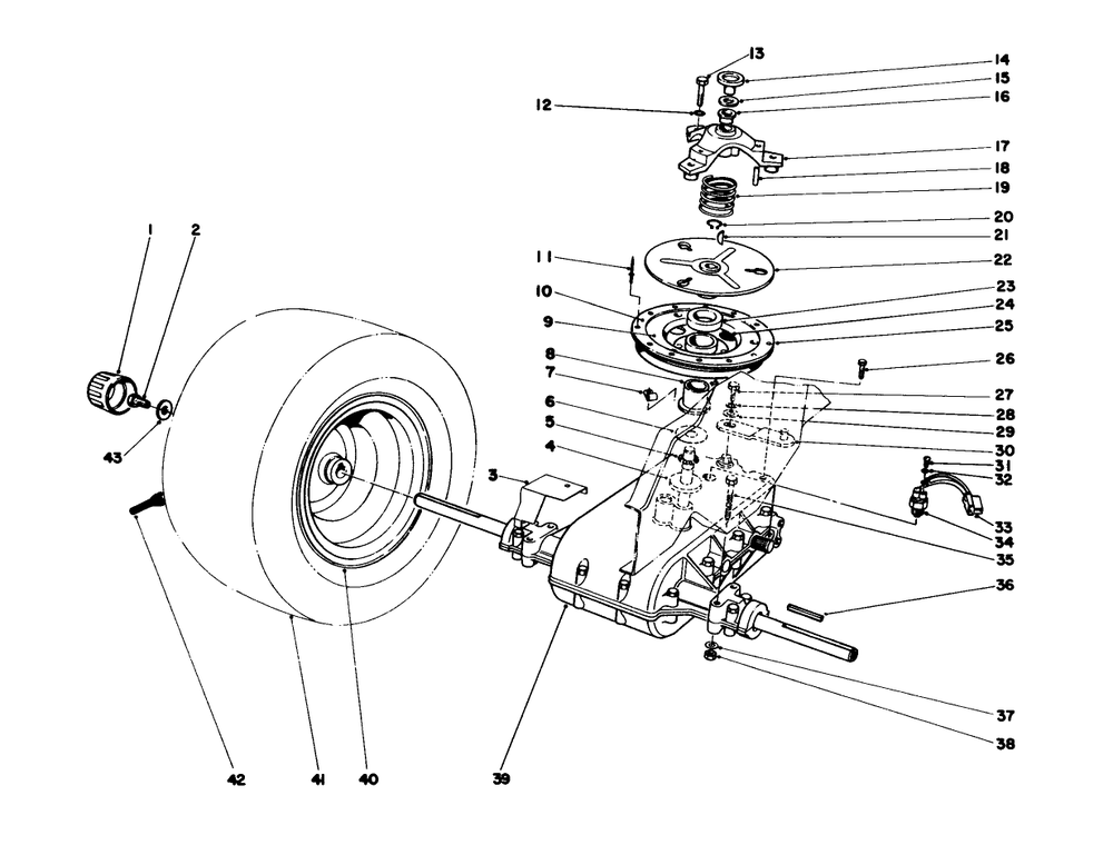 Transaxle & Clutch Assembly Diagram and Parts List for 57358 7000001 - 7999999 Toro Lawn Mower