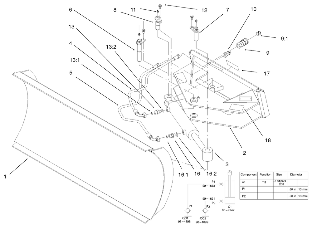 Hydraulic Blade Assembly Diagram and Parts List for 22414 890001 - 899999 Toro Lawn Tractor Accessories