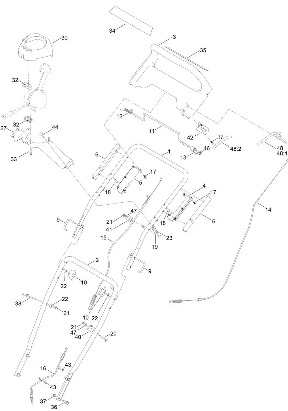 Handle And Control Assembly Diagram and Parts List for 36002 416000000 - 999999999 Toro Snow Blower