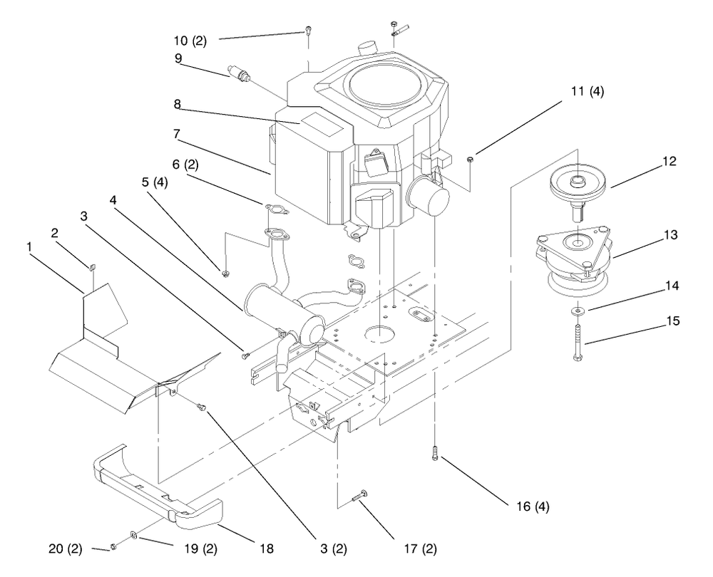 Twin Cylinder Engine, Muffler, And P.T.O. Diagram and Parts List for 72102 8900001 - 8900399 Toro Lawn Tractor