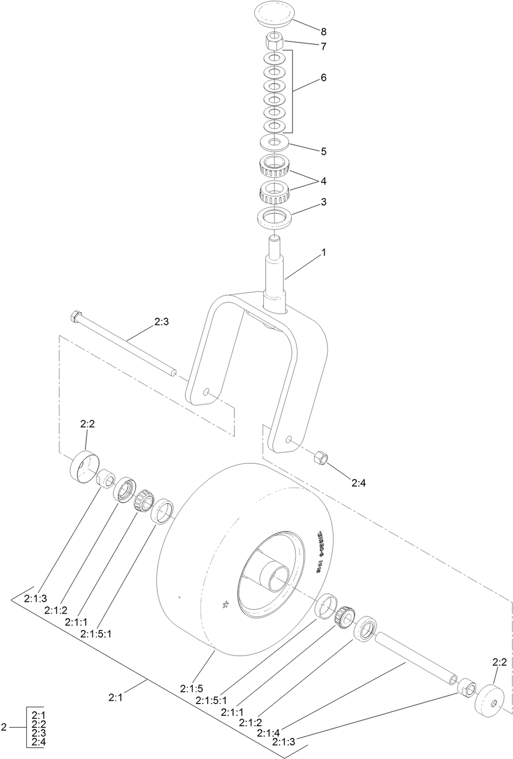 Caster Fork And Wheel Assembly Diagram and Parts List for 74090 410000000 - 412999999 Toro Lawn Tractor