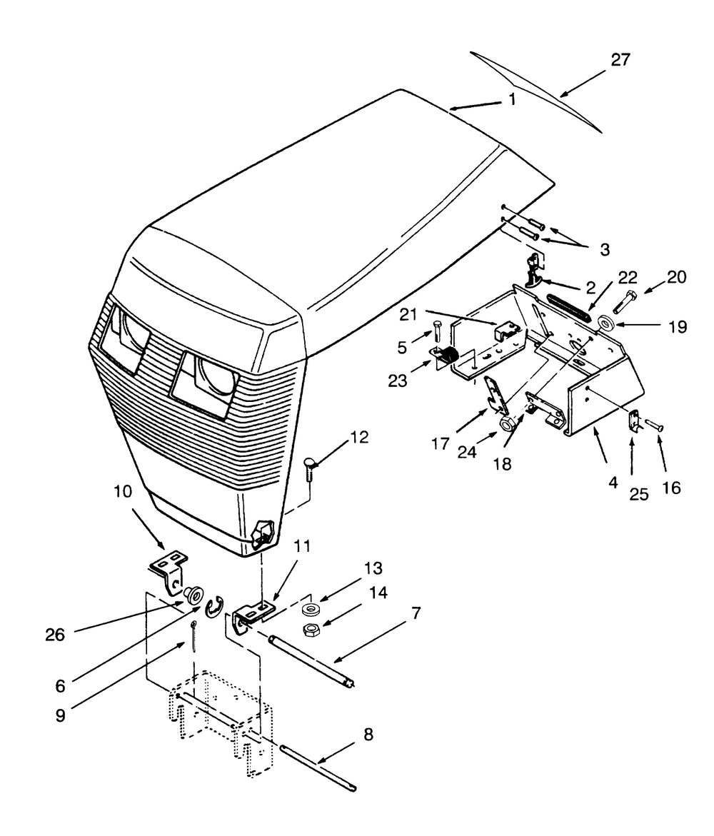 Hood Assembly Diagram and Parts List for 73400 3900001 - 3999999 Toro Lawn Tractor