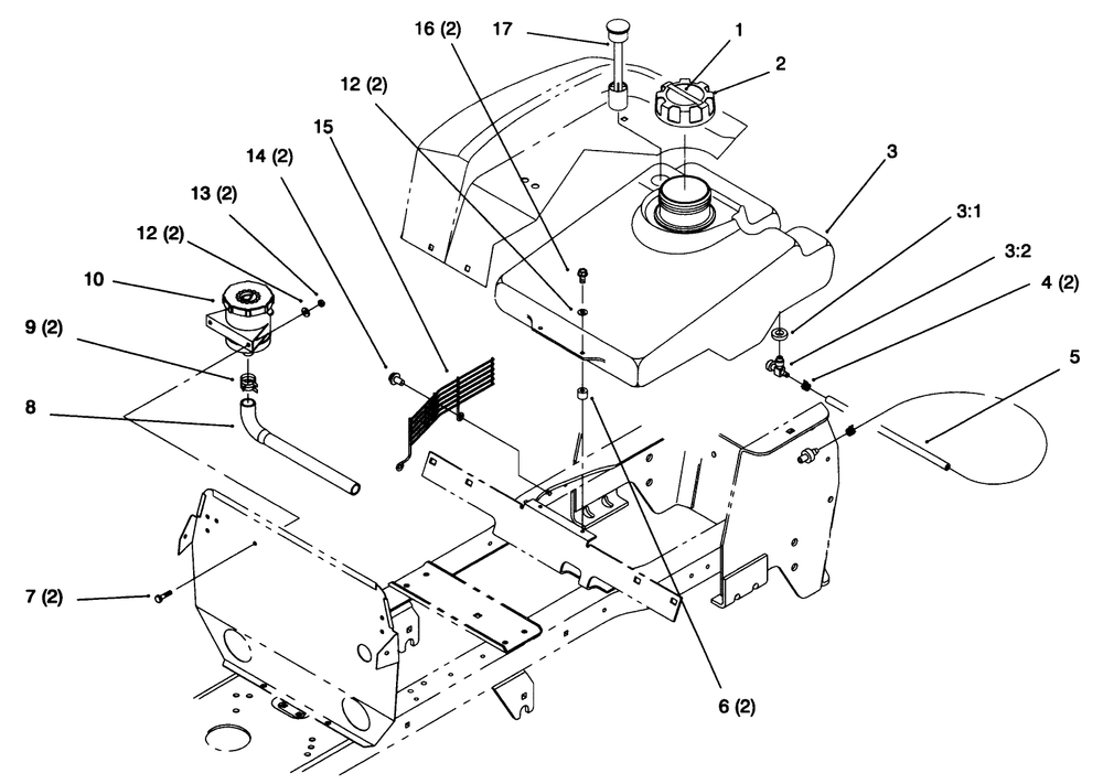 Fuel Tank And Hydro Reservoir Diagram and Parts List for 72064 6900001 - 6999999 Toro Lawn Tractor