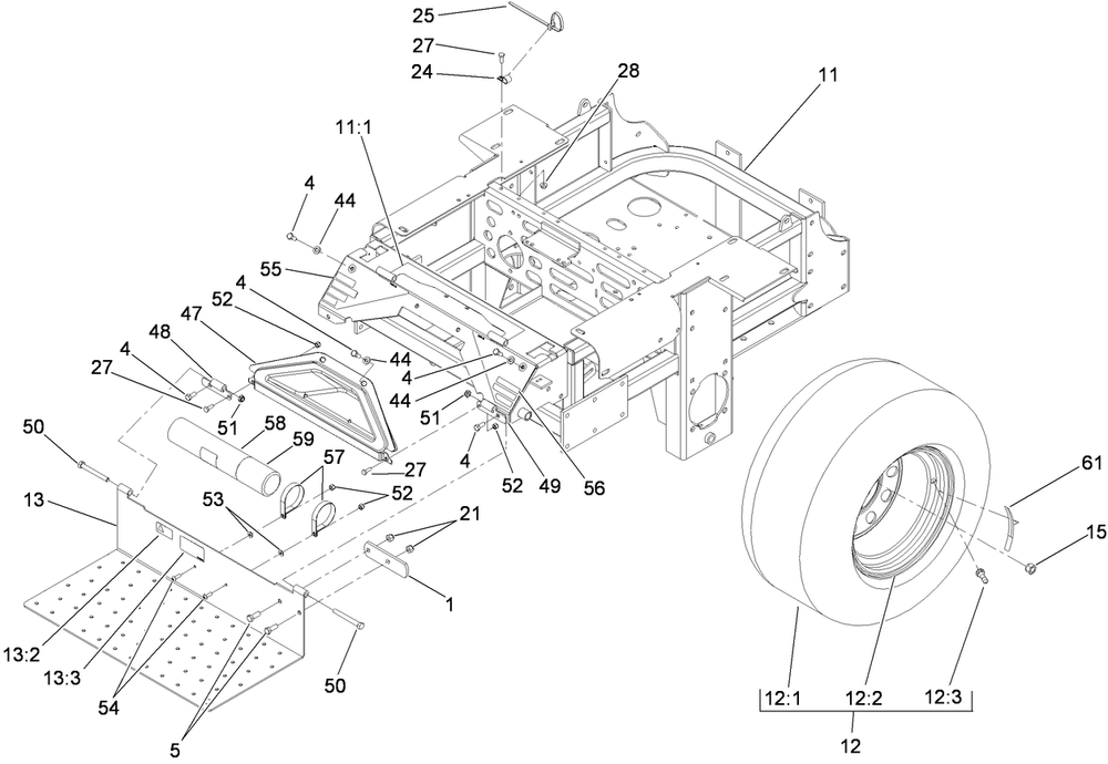 Main Frame And Rear Wheel Assembly Diagram and Parts List for 74296 (311000001-311999999)(2011) Toro Lawn Mower