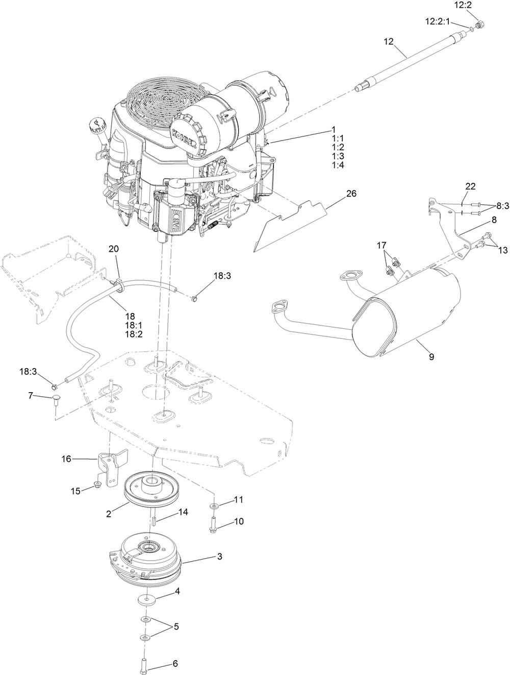 Engine, Clutch And Muffler Assembly Diagram and Parts List for 74959 402090000-403010621 Toro Lawn Mower