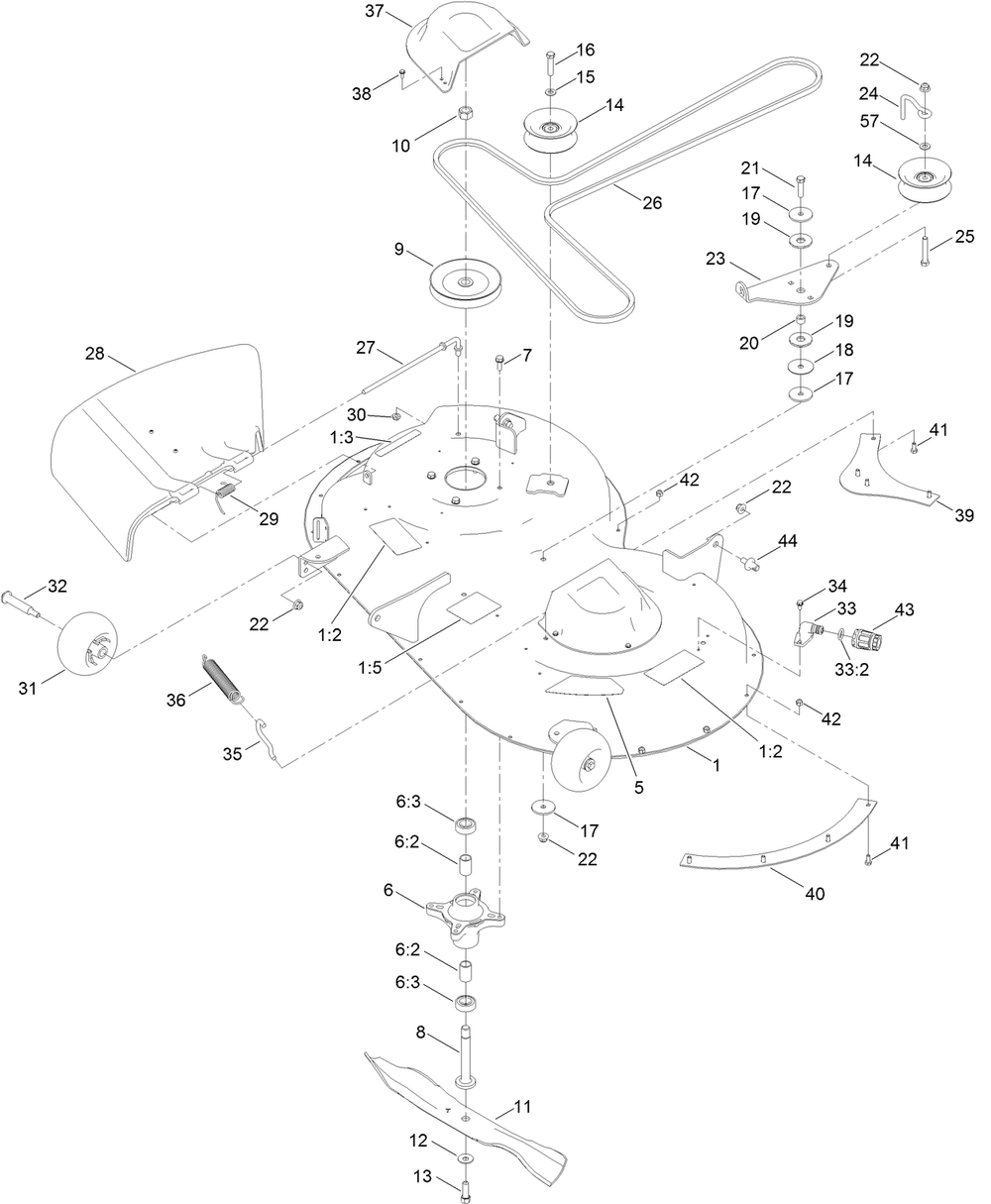 42 Inch Deck Assembly Diagram and Parts List for 75749 400000000 - 412599999 Toro Lawn Tractor