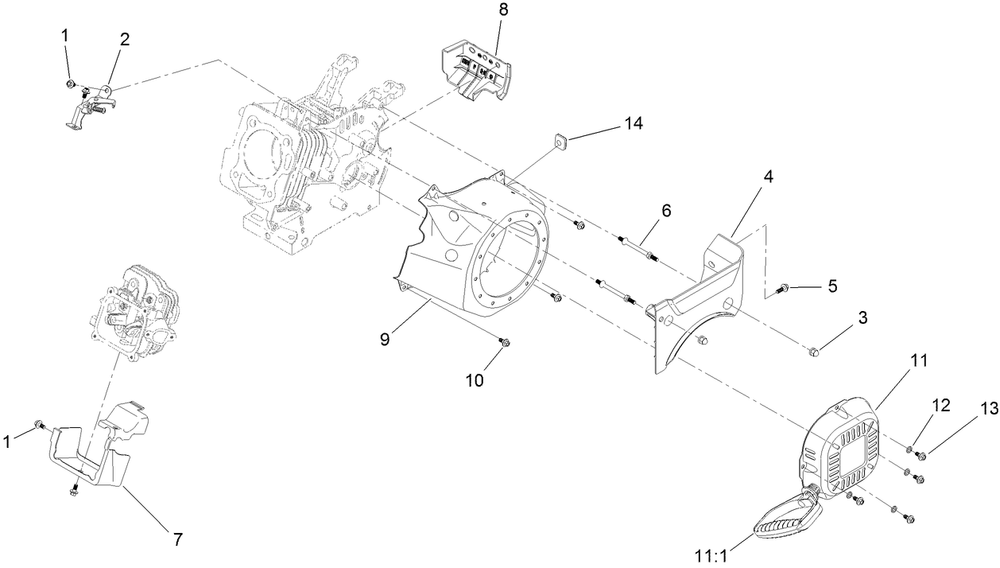 Blower Housing And Shrouds Assembly Diagram and Parts List for 38757 409000000 - 411599999 Toro Snow Blower