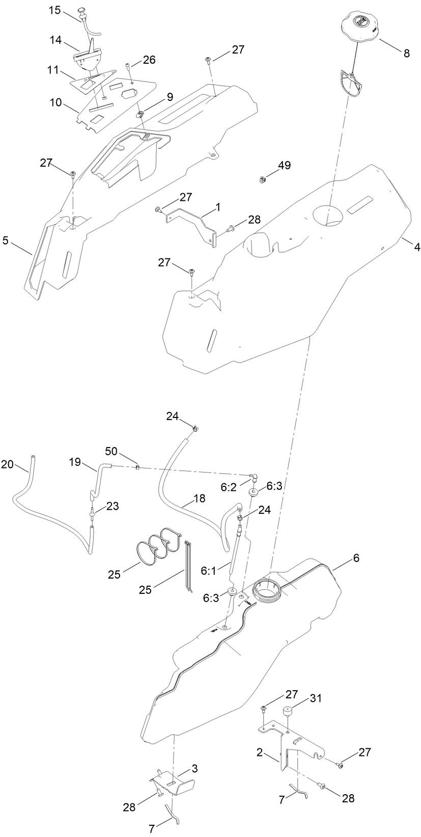 Fuel And Body Styling Assembly Diagram and Parts List for 75761TA 400000000 - 412599999 Toro Lawn Tractor