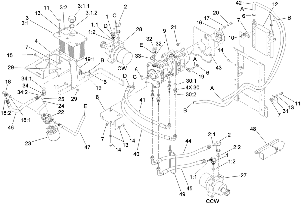 Hydraulic Tank, Motor And Pump Assembly Diagram and Parts List for 74279TE (280000001-280999999)(2008) Toro Lawn Tractor