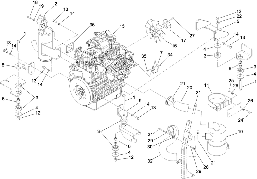 Engine, Exhaust And Air Intake Assembly Diagram and Parts List for 74265TE (311000001-311999999)(2011) Toro Lawn Mower