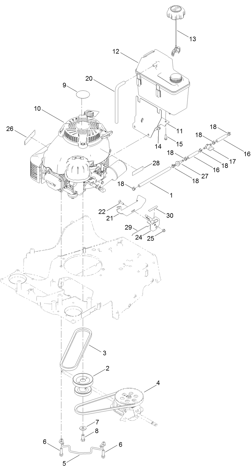 Engine And Fuel Tank Assembly Diagram and Parts List for 22210 404320000-999999999 Toro Lawn Mower