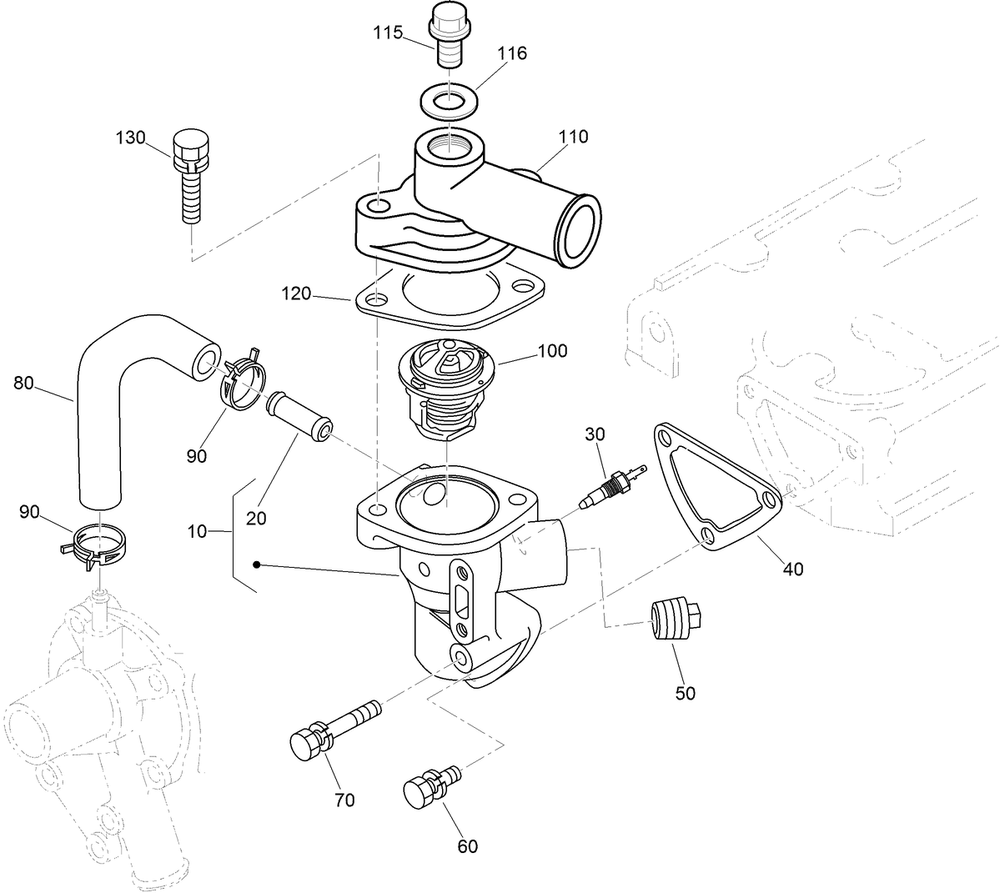 Water Flange And Thermostat Assembly Diagram and Parts List for 22324 407960000 - 409359999 Toro Lawn Tractor Accessories