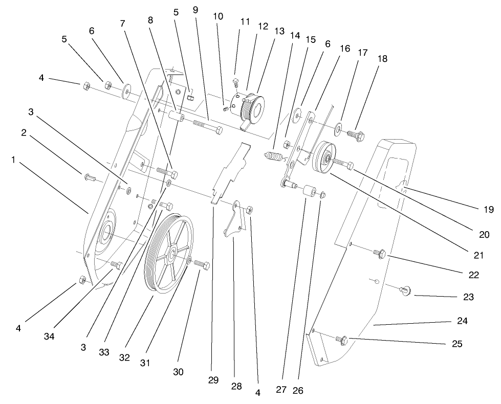 Pulley & Cover Assembly Diagram and Parts List for 38425 7900001 - 7999999 Toro Snow Blower