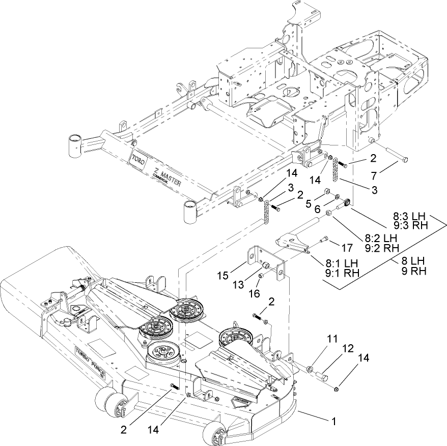 Deck Connection Assembly Diagram and Parts List for 74416TE (250005001-250999999)(2005) Toro Lawn Mower