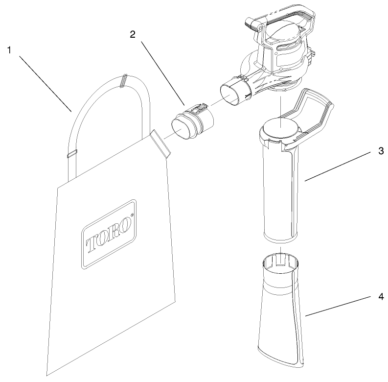 Vacuum Tube & Bag Assembly Diagram and Parts List for 51583 59000001 - 59999999 Toro Leaf Blower / Vacuum
