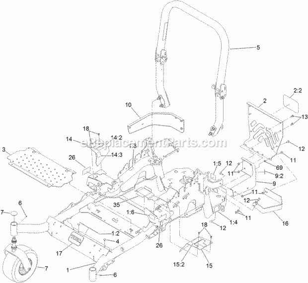 Frame And Caster Wheel Assembly Diagram and Parts List for 74954 313000001-313999999 Toro Lawn Mower