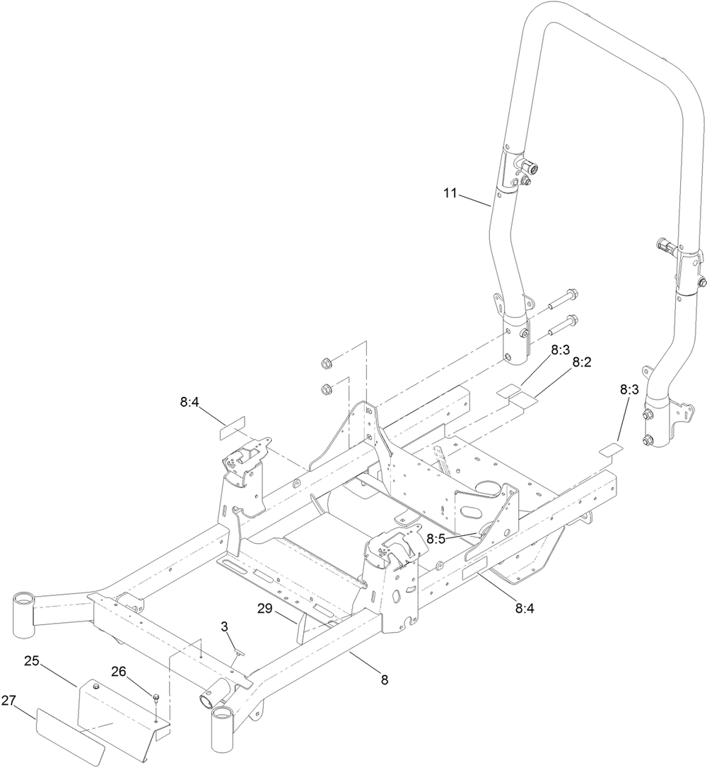 Frame And Roll-Over Protection System Assembly Diagram and Parts List for 74453TE 404621105-999999999 Toro Lawn Tractor