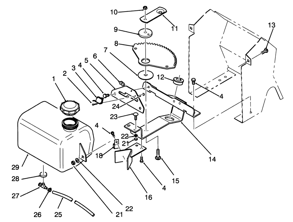 Fuel Tank And Steering Bracket Assembly Diagram and Parts List for 72041 3900001 - 3999999 Toro Lawn Tractor