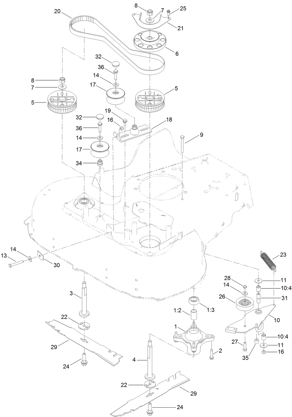 Spindle And Blade Assembly Diagram and Parts List for 22210 403600000-404319999 Toro Lawn Mower