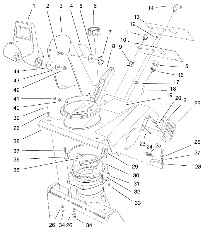 Deflector & Control Panel Assembly Diagram and Parts List for 38405 99000001 - 99999999 Toro Snow Blower