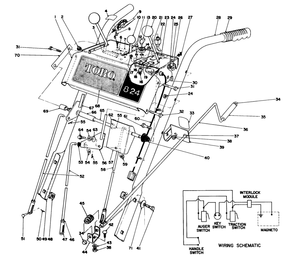 Handle Assembly Diagram and Parts List for 38085C 7000001 - 7999999 Toro Snow Blower